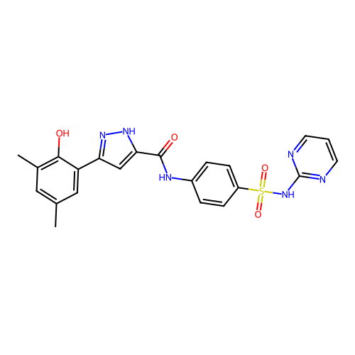 5-(2-hydroxy-3,5-dimethylphenyl)-N-[4-(pyrimidin-2-ylsulfamoyl)phenyl]-1H-pyrazole-3-carboxamide structure