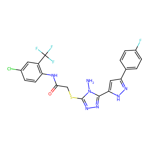 2-((4-amino-5-(3-(4-fluorophenyl)-1H-pyrazol-5-yl)-4H-1,2,4-triazol-3-yl)thio)-N-(4-chloro-2-(trifluoromethyl)phenyl)acetamide structure