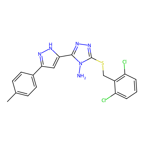 3-((2,6-dichlorobenzyl)thio)-5-(3-(p-tolyl)-1H-pyrazol-5-yl)-4H-1,2,4-triazol-4-amine structure