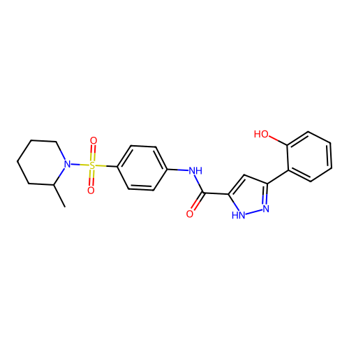 (5Z)-N-[4-(2-methylpiperidin-1-yl)sulfonylphenyl]-5-(6-oxocyclohexa-2,4-dien-1-ylidene)-1,2-dihydropyrazole-3-carboxamide structure