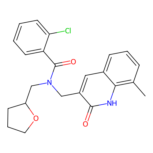 2-chloro-N-((2-hydroxy-8-methylquinolin-3-yl)methyl)-N-((tetrahydrofuran-2-yl)methyl)benzamide structure