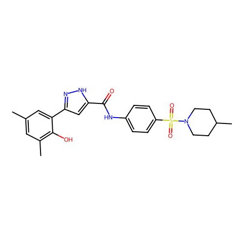 5-(2-hydroxy-3,5-dimethylphenyl)-N-{4-[(4-methylpiperidin-1-yl)sulfonyl]phenyl}-1H-pyrazole-3-carboxamide structure