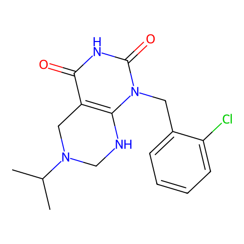 1-(2-chlorobenzyl)-6-isopropyl-5,6,7,8-tetrahydropyrimido[4,5-d]pyrimidine-2,4(1H,3H)-dione structure