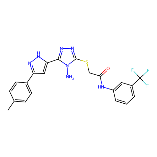 2-((4-amino-5-(3-(p-tolyl)-1H-pyrazol-5-yl)-4H-1,2,4-triazol-3-yl)thio)-N-(3-(trifluoromethyl)phenyl)acetamide structure