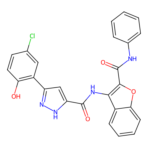 5-(5-chloro-2-hydroxyphenyl)-N-[2-(phenylcarbamoyl)-1-benzofuran-3-yl]-1H-pyrazole-3-carboxamide structure