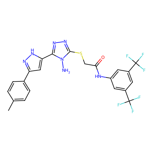 2-((4-amino-5-(3-(p-tolyl)-1H-pyrazol-5-yl)-4H-1,2,4-triazol-3-yl)thio)-N-(3,5-bis(trifluoromethyl)phenyl)acetamide structure