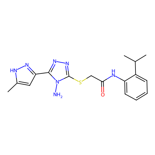 2-((4-amino-5-(3-methyl-1H-pyrazol-5-yl)-4H-1,2,4-triazol-3-yl)thio)-N-(2-isopropylphenyl)acetamide structure