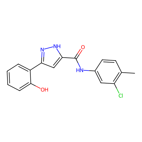 N-(3-chloro-4-methylphenyl)-5-(2-hydroxyphenyl)-1H-pyrazole-3-carboxamide structure