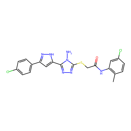 2-((4-amino-5-(3-(4-chlorophenyl)-1H-pyrazol-5-yl)-4H-1,2,4-triazol-3-yl)thio)-N-(5-chloro-2-methylphenyl)acetamide structure