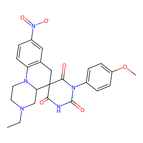 3'-ethyl-1-(4-methoxyphenyl)-8'-nitrospiro[1,3-diazinane-5,5'-2,4,4a,6-tetrahydro-1H-pyrazino[1,2-a]quinoline]-2,4,6-trione structure