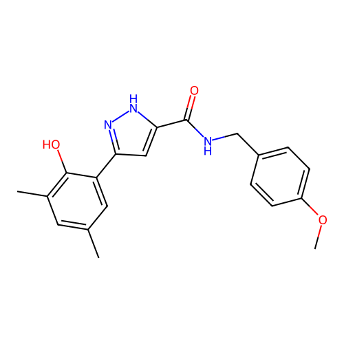 5-(2-hydroxy-3,5-dimethylphenyl)-N-(4-methoxybenzyl)-1H-pyrazole-3-carboxamide structure