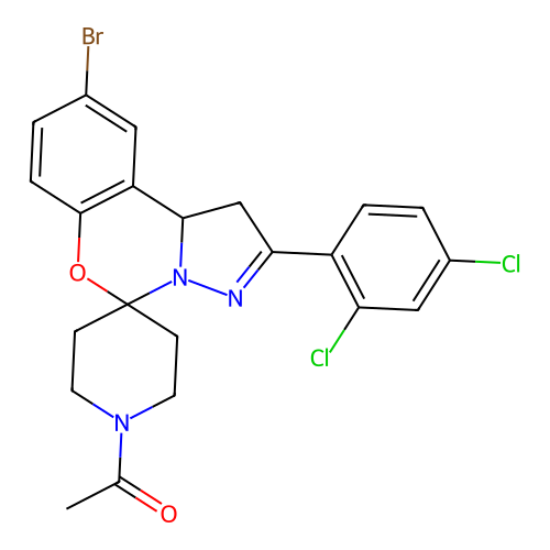 1-(9-bromo-2-(2,4-dichlorophenyl)-1,10b-dihydrospiro[benzo[e]pyrazolo[1,5-c][1,3]oxazine-5,4'-piperidin]-1'-yl)ethanone structure