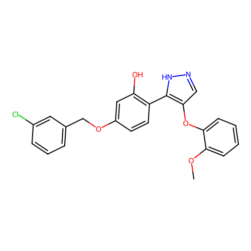5-((3-chlorobenzyl)oxy)-2-(4-(2-methoxyphenoxy)-1H-pyrazol-3-yl)phenol structure
