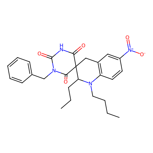 1-benzyl-1'-butyl-6'-nitro-2'-propyl-2',4'-dihydro-1H,1'H-spiro[pyrimidine-5,3'-quinoline]-2,4,6(3H)-trione structure