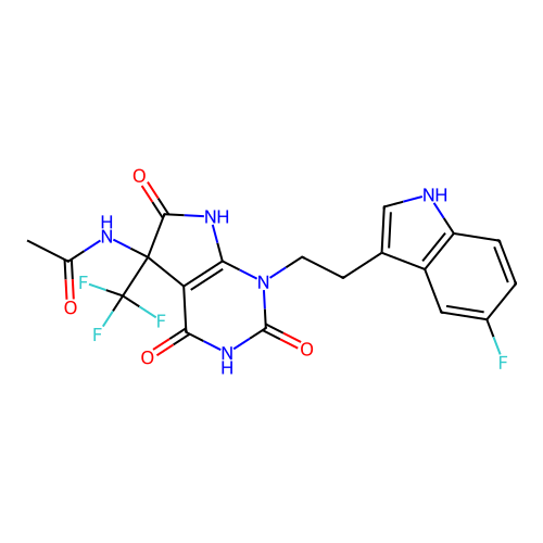 N-(1-(2-(5-fluoro-1H-indol-3-yl)ethyl)-2,4,6-trioxo-5-(trifluoromethyl)-2,3,4,5,6,7-hexahydro-1H-pyrrolo[2,3-d]pyrimidin-5-yl)acetamide structure