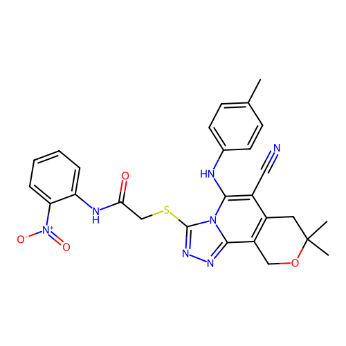 2-((6-cyano-8,8-dimethyl-5-(p-tolylamino)-8,10-dihydro-7H-pyrano[3,4-c][1,2,4]triazolo[4,3-a]pyridin-3-yl)thio)-N-(2-nitrophenyl)acetamide structure