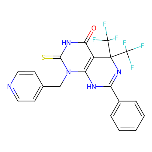 7-phenyl-1-(pyridin-4-ylmethyl)-2-thioxo-5,5-bis(trifluoromethyl)-2,3,5,8-tetrahydropyrimido[4,5-d]pyrimidin-4(1H)-one structure