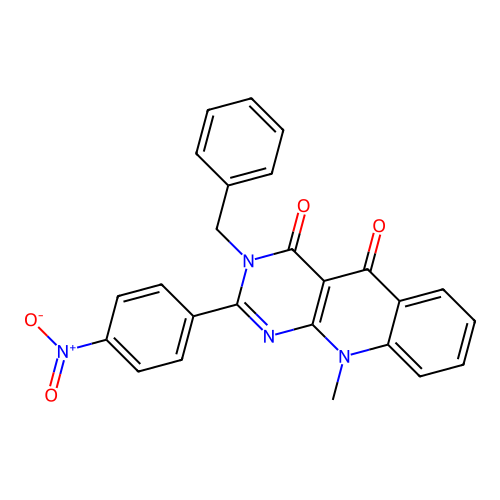 3-benzyl-10-methyl-2-(4-nitrophenyl)pyrimido[4,5-b]quinoline-4,5(3H,10H)-dione structure