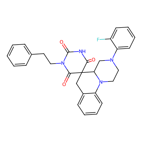 3'-(2-fluorophenyl)-1-phenethylspiro[1,3-diazinane-5,5'-2,4,4a,6-tetrahydro-1H-pyrazino[1,2-a]quinoline]-2,4,6-trione structure