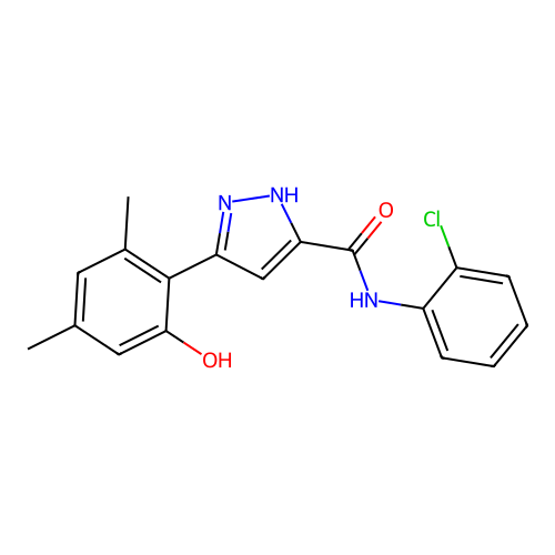 N-(2-chlorophenyl)-5-(2-hydroxy-4,6-dimethylphenyl)-1H-pyrazole-3-carboxamide structure