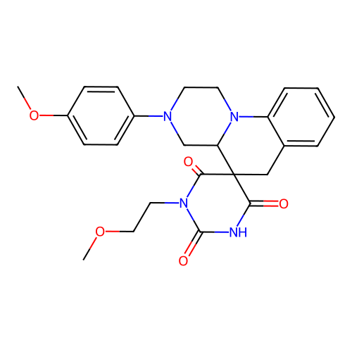 1'-(2-methoxyethyl)-3-(4-methoxyphenyl)-1,2,3,4,4a,6-hexahydro-1'H-spiro[pyrazino[1,2-a]quinoline-5,5'-pyrimidine]-2',4',6'(3'H)-trione structure