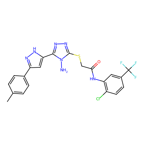 2-((4-amino-5-(3-(p-tolyl)-1H-pyrazol-5-yl)-4H-1,2,4-triazol-3-yl)thio)-N-(2-chloro-5-(trifluoromethyl)phenyl)acetamide structure