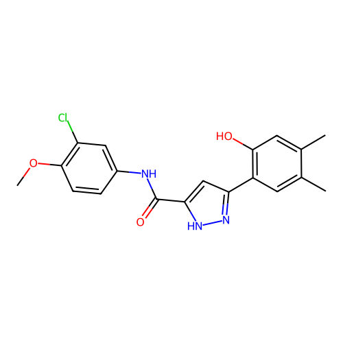 N-(3-chloro-4-methoxyphenyl)-5-(2-hydroxy-4,5-dimethylphenyl)-1H-pyrazole-3-carboxamide structure