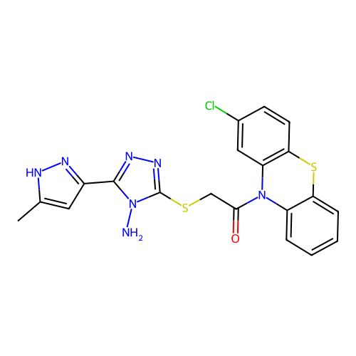 2-((4-amino-5-(3-methyl-1H-pyrazol-5-yl)-4H-1,2,4-triazol-3-yl)thio)-1-(2-chloro-10H-phenothiazin-10-yl)ethanone structure