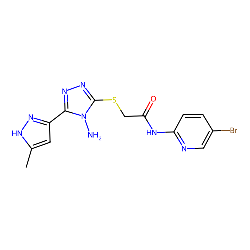 2-((4-amino-5-(3-methyl-1H-pyrazol-5-yl)-4H-1,2,4-triazol-3-yl)thio)-N-(5-bromopyridin-2-yl)acetamide structure