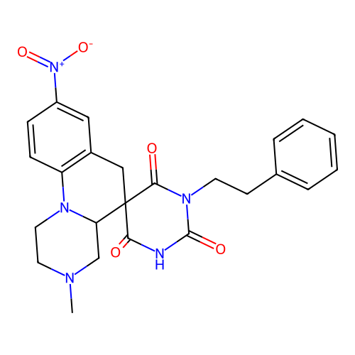 3'-methyl-8'-nitro-1-phenethylspiro[1,3-diazinane-5,5'-2,4,4a,6-tetrahydro-1H-pyrazino[1,2-a]quinoline]-2,4,6-trione structure