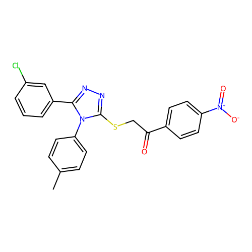 2-[[5-(3-chlorophenyl)-4-(4-methylphenyl)-1,2,4-triazol-3-yl]sulfanyl]-1-(4-nitrophenyl)ethanone structure