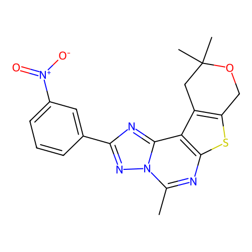 5,10,10-trimethyl-2-(3-nitrophenyl)-10,11-dihydro-8H-pyrano[4',3':4,5]thieno[3,2-e][1,2,4]triazolo[1,5-c]pyrimidine structure