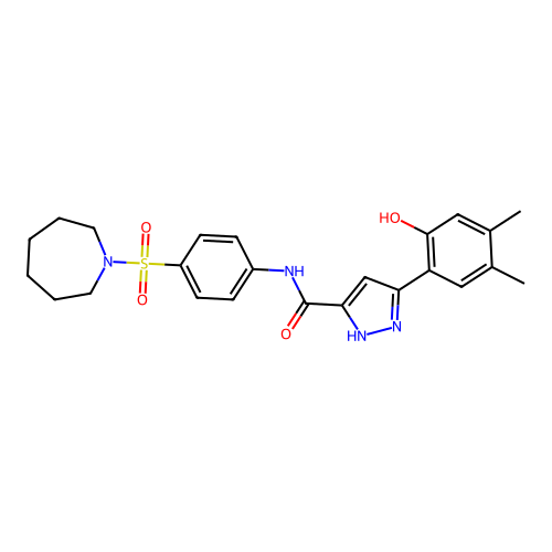 N-[4-(azepan-1-ylsulfonyl)phenyl]-5-(2-hydroxy-4,5-dimethylphenyl)-1H-pyrazole-3-carboxamide structure