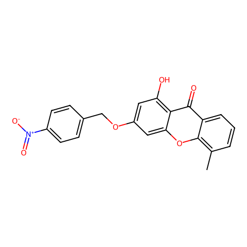 1-hydroxy-5-methyl-3-((4-nitrobenzyl)oxy)-9H-xanthen-9-one structure