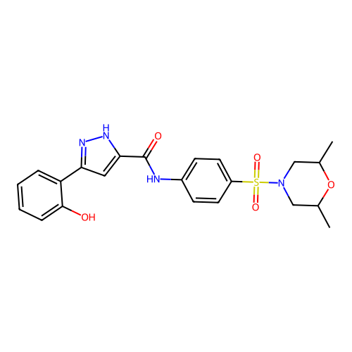 (5E)-N-[4-(2,6-dimethylmorpholin-4-yl)sulfonylphenyl]-5-(6-oxocyclohexa-2,4-dien-1-ylidene)-1,2-dihydropyrazole-3-carboxamide structure
