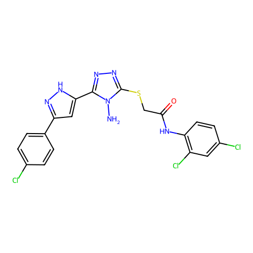 2-((4-amino-5-(3-(4-chlorophenyl)-1H-pyrazol-5-yl)-4H-1,2,4-triazol-3-yl)thio)-N-(2,4-dichlorophenyl)acetamide structure