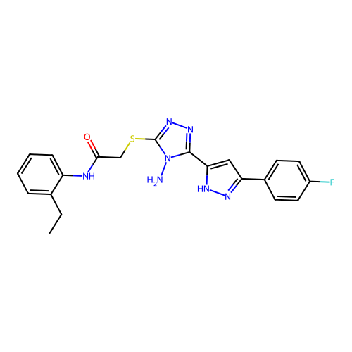 2-((4-amino-5-(3-(4-fluorophenyl)-1H-pyrazol-5-yl)-4H-1,2,4-triazol-3-yl)thio)-N-(2-ethylphenyl)acetamide structure