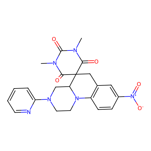 1',3'-dimethyl-8-nitro-3-(pyridin-2-yl)-1,2,3,4,4a,6-hexahydro-1'H-spiro[pyrazino[1,2-a]quinoline-5,5'-pyrimidine]-2',4',6'(3'H)-trione structure