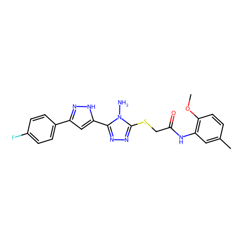 2-((4-amino-5-(3-(4-fluorophenyl)-1H-pyrazol-5-yl)-4H-1,2,4-triazol-3-yl)thio)-N-(2-methoxy-5-methylphenyl)acetamide structure