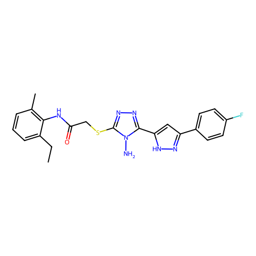 2-((4-amino-5-(3-(4-fluorophenyl)-1H-pyrazol-5-yl)-4H-1,2,4-triazol-3-yl)thio)-N-(2-ethyl-6-methylphenyl)acetamide structure