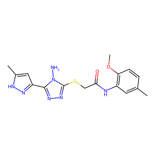 2-((4-amino-5-(3-methyl-1H-pyrazol-5-yl)-4H-1,2,4-triazol-3-yl)thio)-N-(2-methoxy-5-methylphenyl)acetamide structure