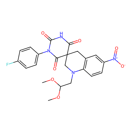1'-(2,2-dimethoxyethyl)-1-(4-fluorophenyl)-6'-nitro-2',4'-dihydro-1H,1'H-spiro[pyrimidine-5,3'-quinoline]-2,4,6(3H)-trione structure