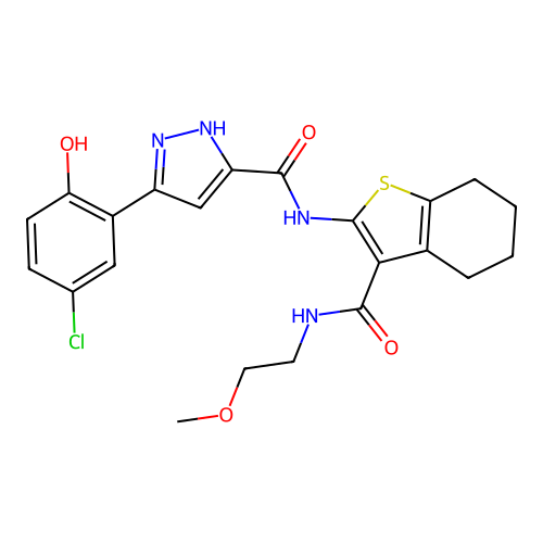 (5Z)-5-(3-chloro-6-oxocyclohexa-2,4-dien-1-ylidene)-N-[3-(2-methoxyethylcarbamoyl)-4,5,6,7-tetrahydro-1-benzothiophen-2-yl]-1,2-dihydropyrazole-3-carboxamide structure