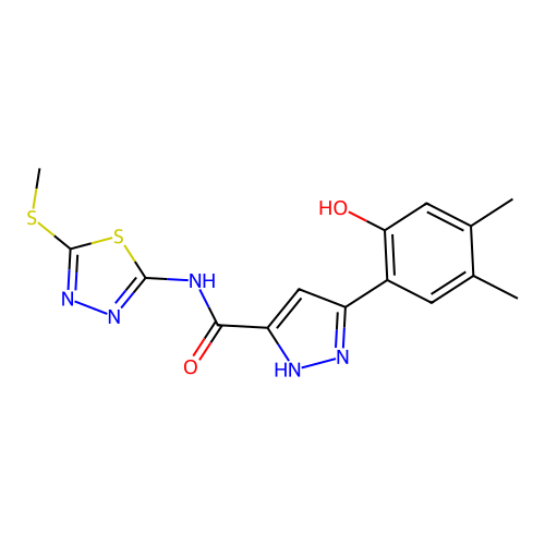 (5Z)-5-(3,4-dimethyl-6-oxocyclohexa-2,4-dien-1-ylidene)-N-(5-methylsulfanyl-1,3,4-thiadiazol-2-yl)-1,2-dihydropyrazole-3-carboxamide structure
