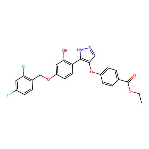 ethyl 4-(3-{4-[(2-chloro-4-fluorophenyl)methoxy]-2-hydroxyphenyl}pyrazol-4-ylo xy)benzoate structure