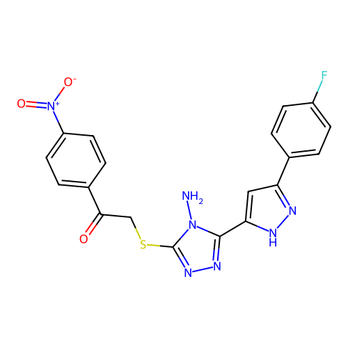 2-((4-amino-5-(3-(4-fluorophenyl)-1H-pyrazol-5-yl)-4H-1,2,4-triazol-3-yl)thio)-1-(4-nitrophenyl)ethanone structure
