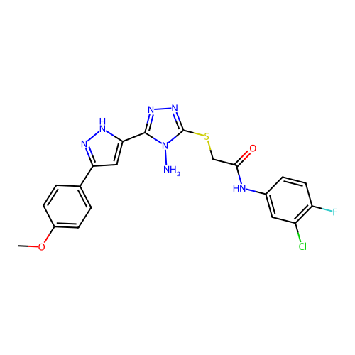 2-((4-amino-5-(3-(4-methoxyphenyl)-1H-pyrazol-5-yl)-4H-1,2,4-triazol-3-yl)thio)-N-(3-chloro-4-fluorophenyl)acetamide structure