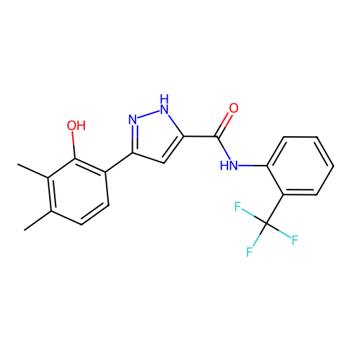 5-(2-hydroxy-3,4-dimethylphenyl)-N-[2-(trifluoromethyl)phenyl]-1H-pyrazole-3-carboxamide structure