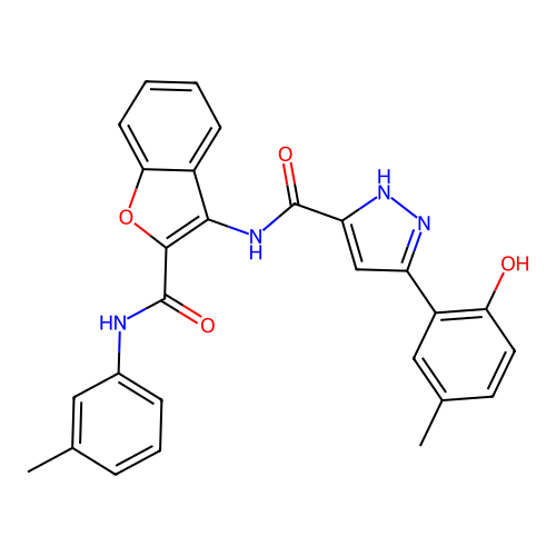 5-(2-hydroxy-5-methylphenyl)-N-{2-[(3-methylphenyl)carbamoyl]-1-benzofuran-3-yl}-1H-pyrazole-3-carboxamide structure