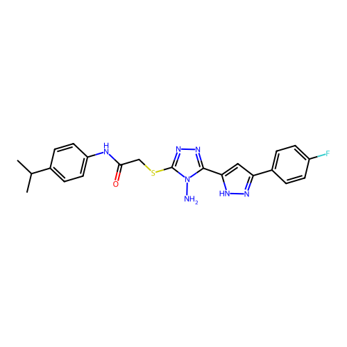 2-((4-amino-5-(3-(4-fluorophenyl)-1H-pyrazol-5-yl)-4H-1,2,4-triazol-3-yl)thio)-N-(4-isopropylphenyl)acetamide structure